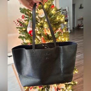 Tory Burch black leather tote, navy interior